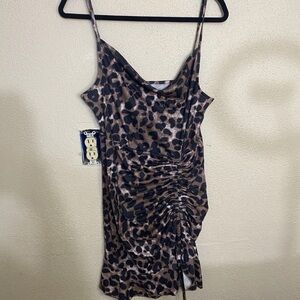 SHEIN Leopard Print Ruched Mini Dress Women’s Size L Small Spaghetti Strap